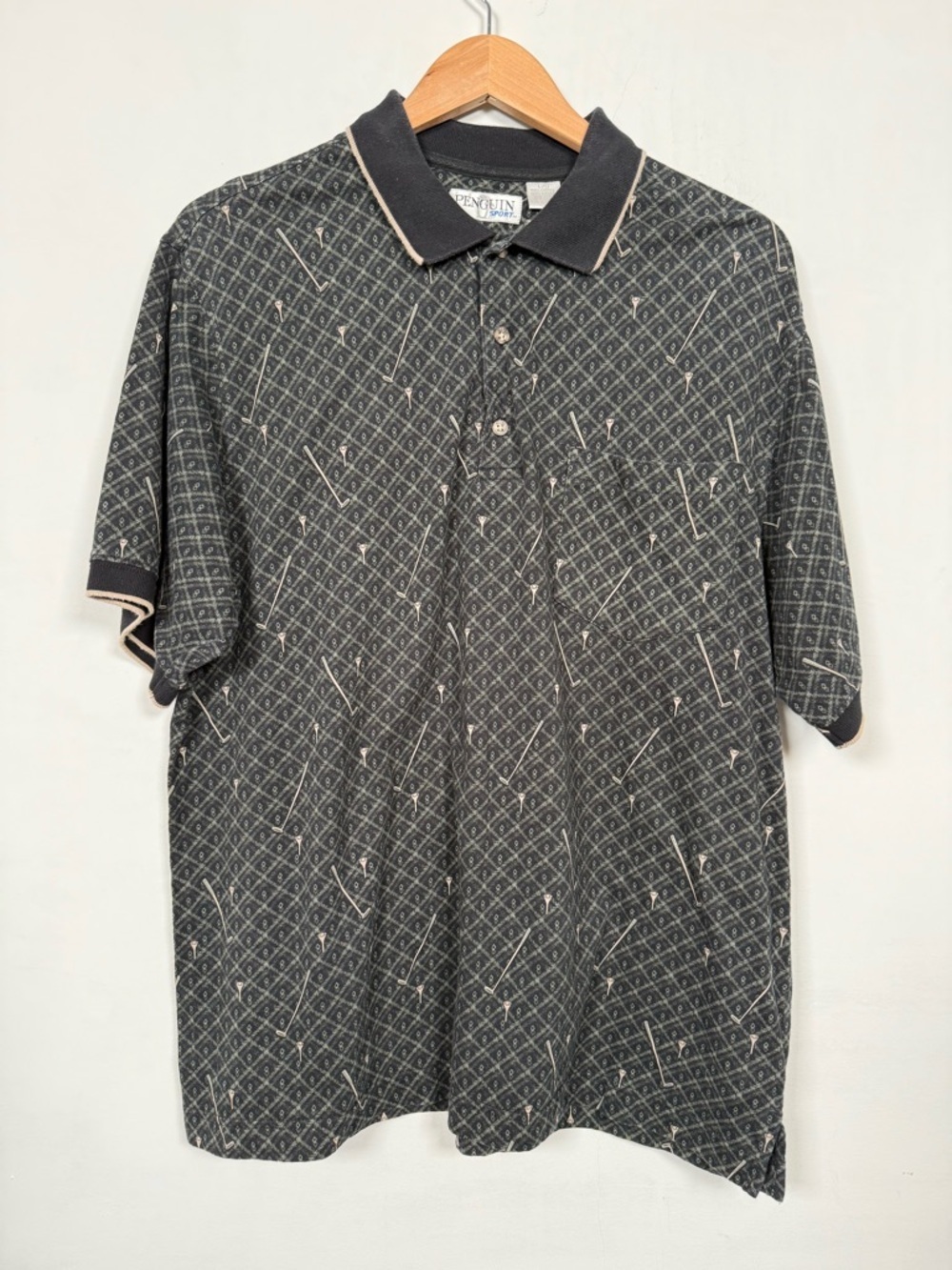 Penguin Sport Vintage Black Golf Pattern Polo, 100% Cotton, Size L